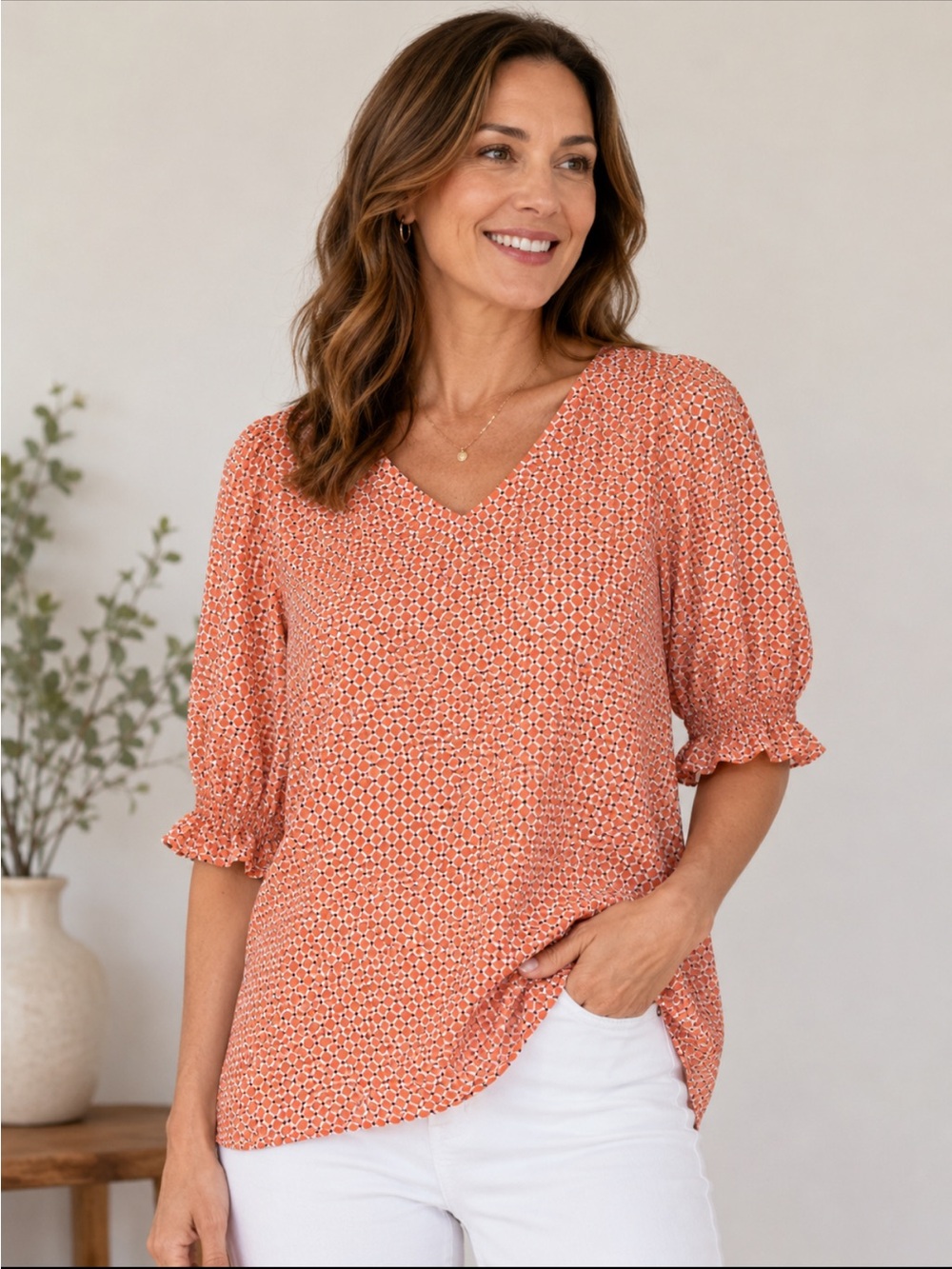 Ann Taylor NWT Coral Geometric Print Blouse | V-Neck Smocked Sleeve Top Size L
